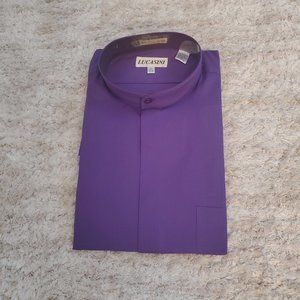 LUCASINI Mandarin-Collar Shirt, Hidden Buttons, Purple, NWT